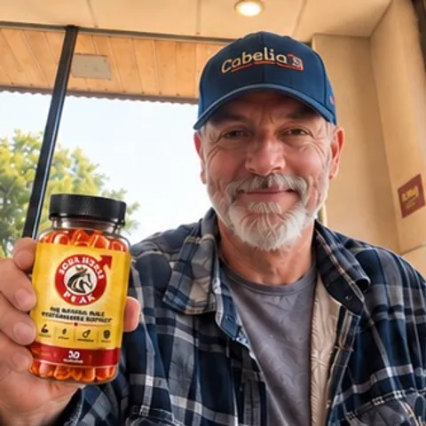 Older SodaHorsePeak customer smiling with the gummies bottle
