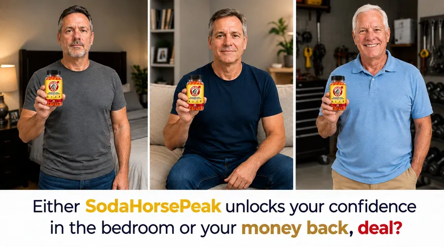 Three SodaHorsePeak customers holding the male performance gummies bottle