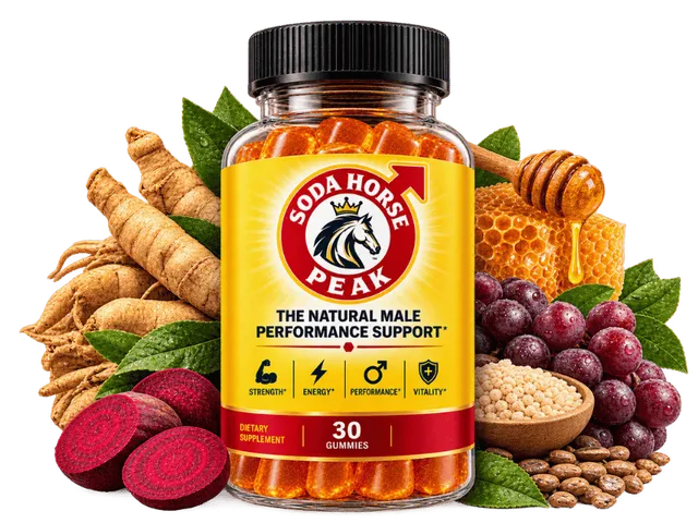 SodaHorsePeak natural male performance support gummies bottle — 30 honey gummies with ginseng, beet, grape and honey