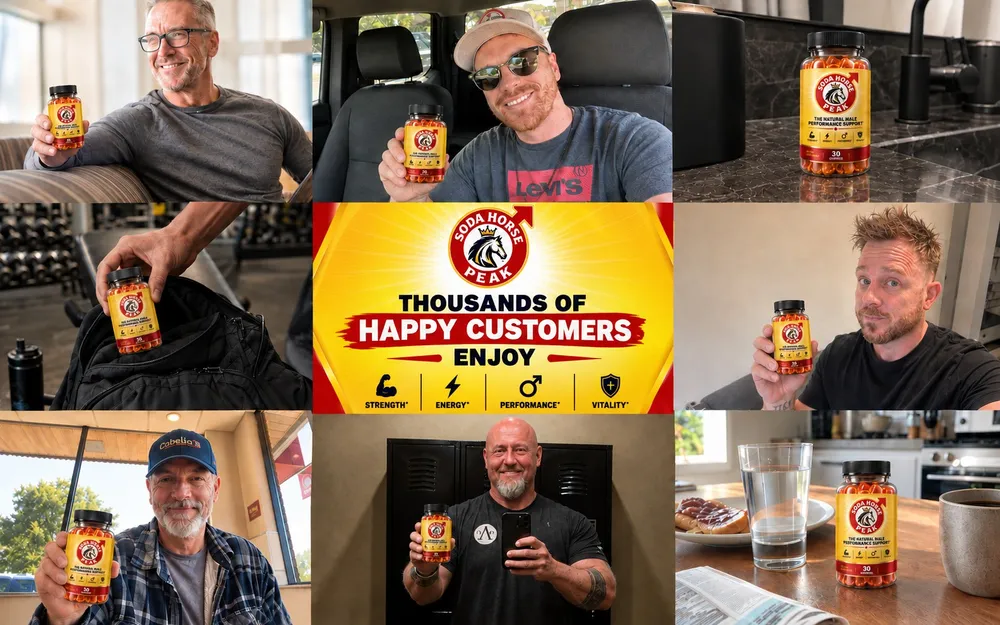 Collage of happy SodaHorsePeak customers holding the gummies bottle — strength, energy, performance, vitality